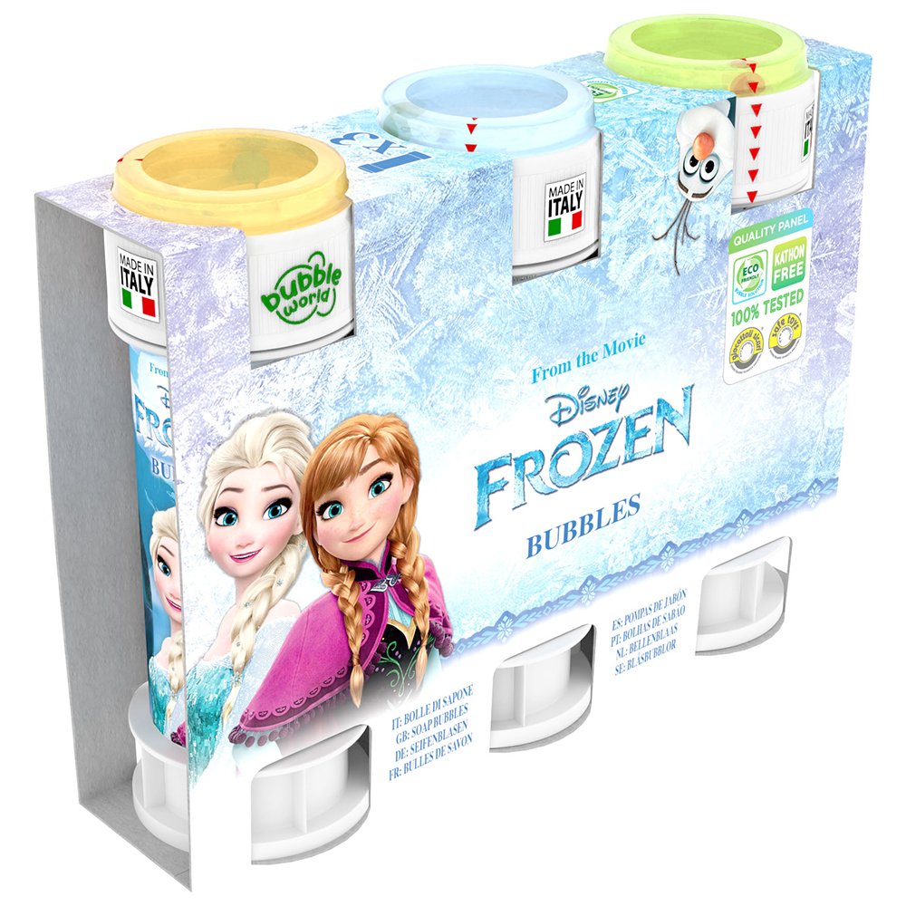 Verpackung mit drei Blasenbehältern in verschiedenen Farben. Auf der Vorderseite sind Figuren aus dem Film 'Frozen'.