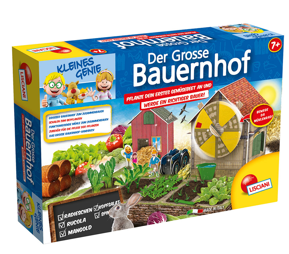 Spielbox mit dem Titel Der Grosse Bauernhof. Enthält verschiedene Elemente zum Zusammenbauen und Pflanzen.