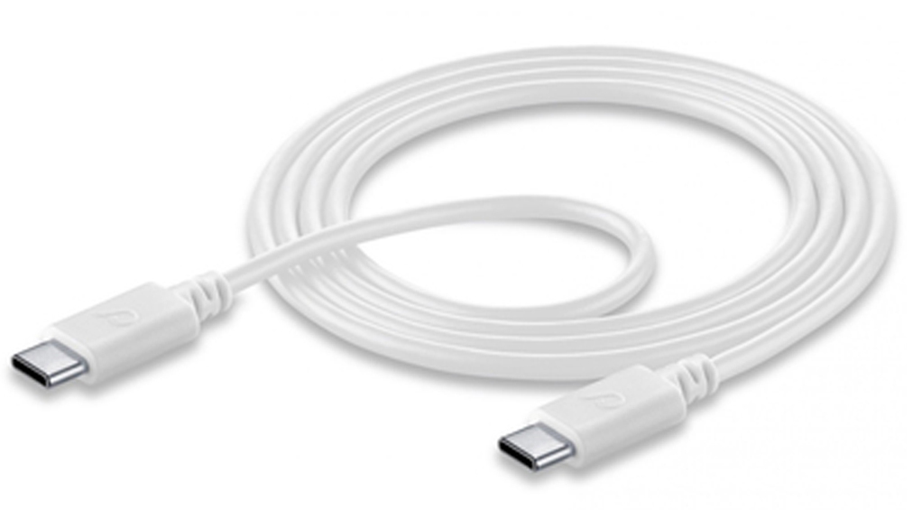 weißer USB-C-Kabel. Beide Enden mit USB-C-Steckern. Längliche Form, glatt und flexibel.