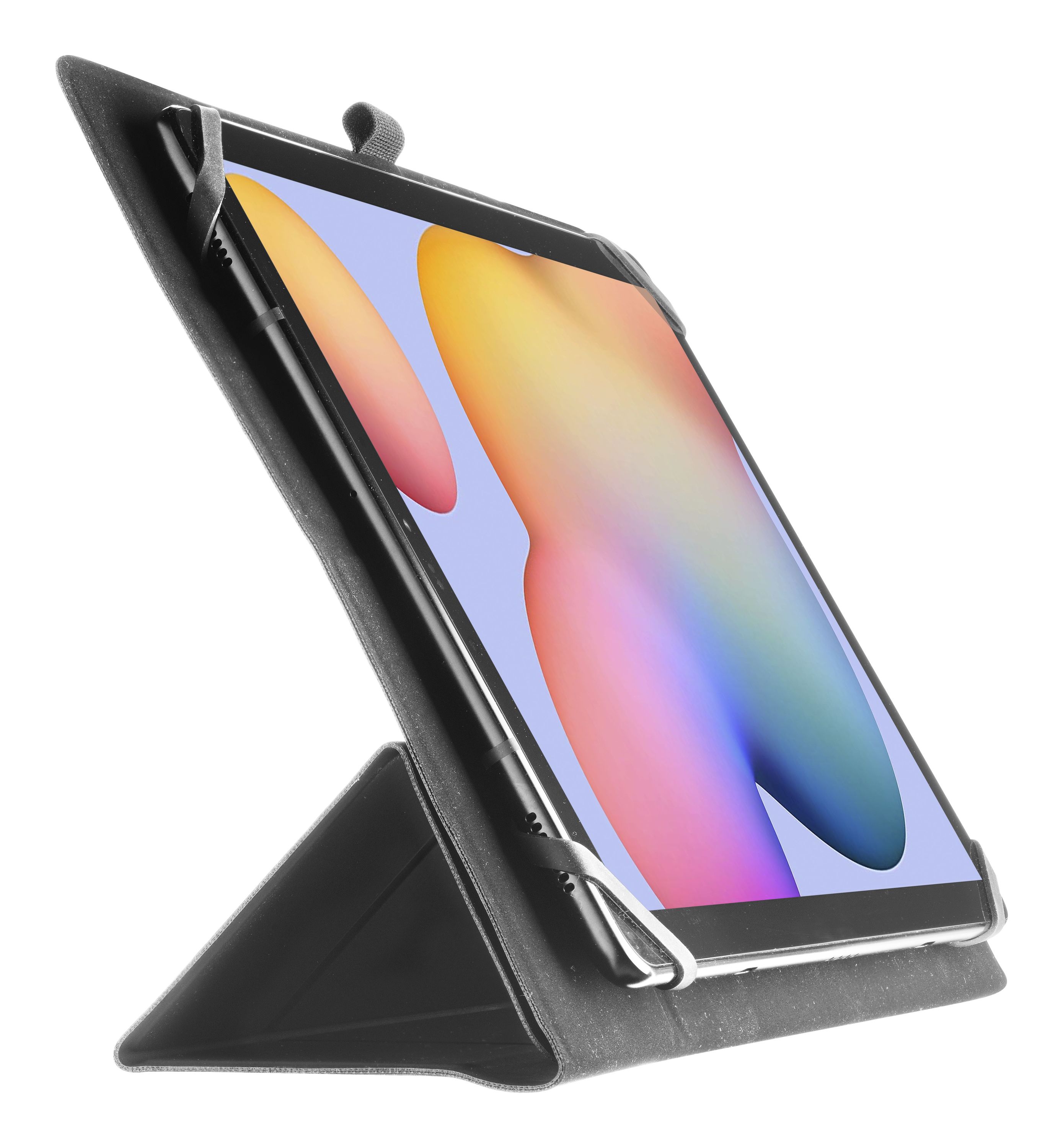 Tablet in einer schwarzen Hülle. Hülle hat einen Ständer. Stylus-Stift liegt neben dem Tablet. Bildschirm zeigt sanfte, bunte Farben.