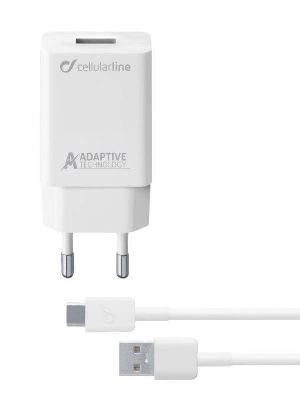 Weißes Ladegerät mit zwei Pins. Dazu ein USB-Kabel mit einem USB-A und einem USB-C Anschluss.