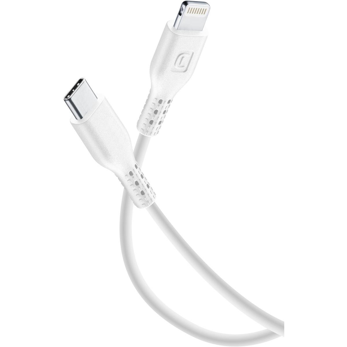 Weißes Kabel mit einem USB-C und einem Lightning-Anschluss. Es ist glatt und hat eine flexible Ummantelung.