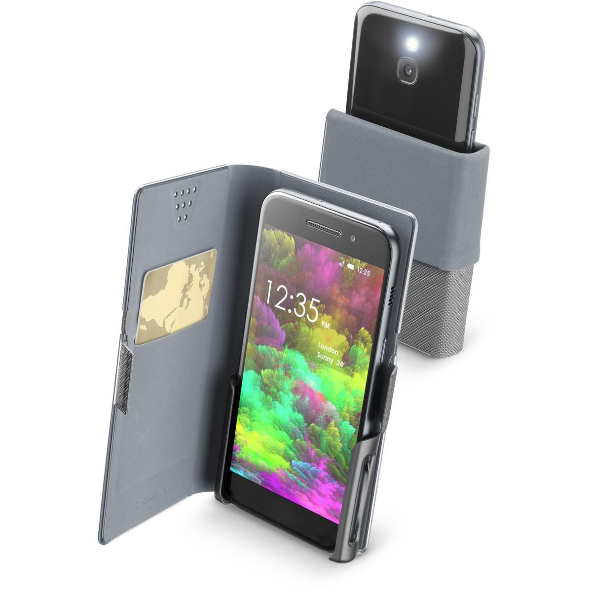 Smartphone-Hülle in grau mit Klappdesign. Das Display zeigt bunte Farben und die Uhrzeit an.