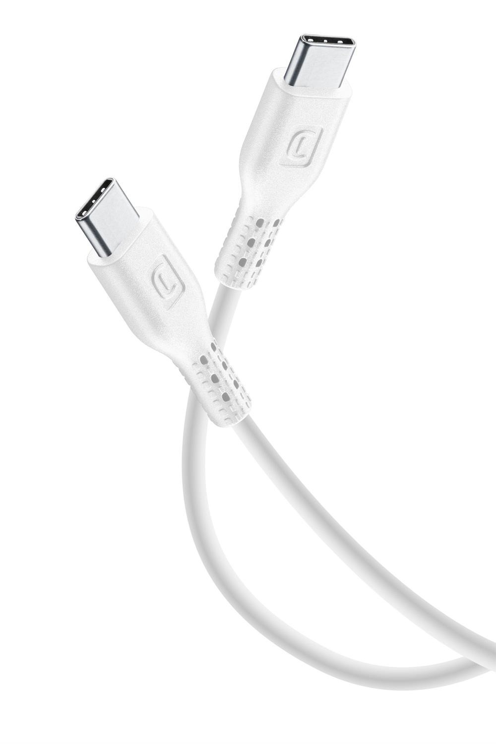 Weißes USB-C-Kabel mit zwei Anschlüssen. Die Enden sind glatt und metallisch.