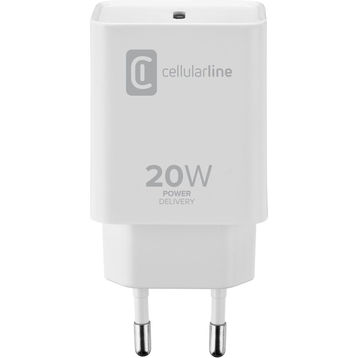 Weißes Ladegerät mit zwei Steckern. Es hat eine Leistung von 20 Watt und unterstützt Power Delivery.