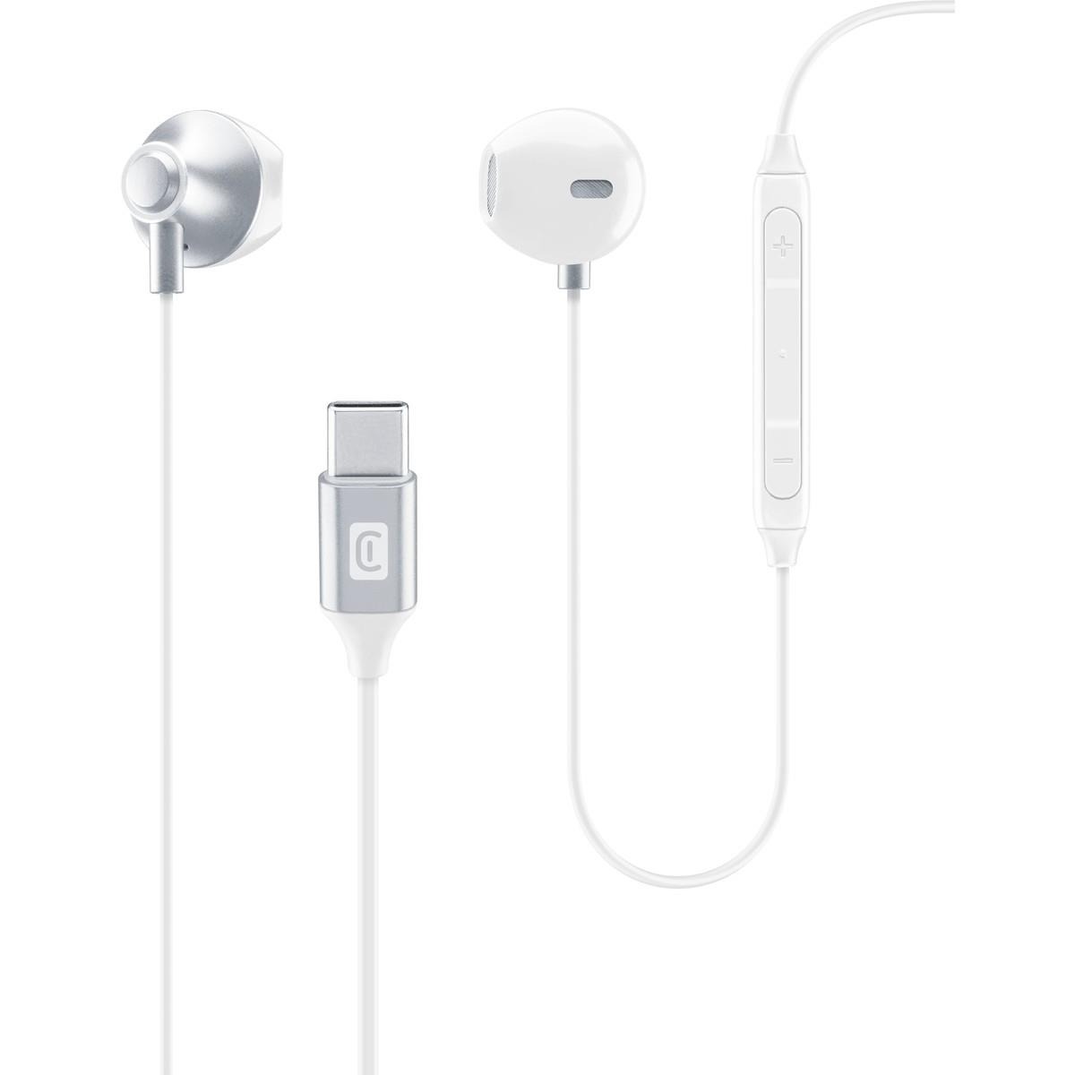 Weiße Kopfhörer mit einem USB-C-Anschluss. Sie haben eine Steuerungseinheit mit Lautstärkeregler.