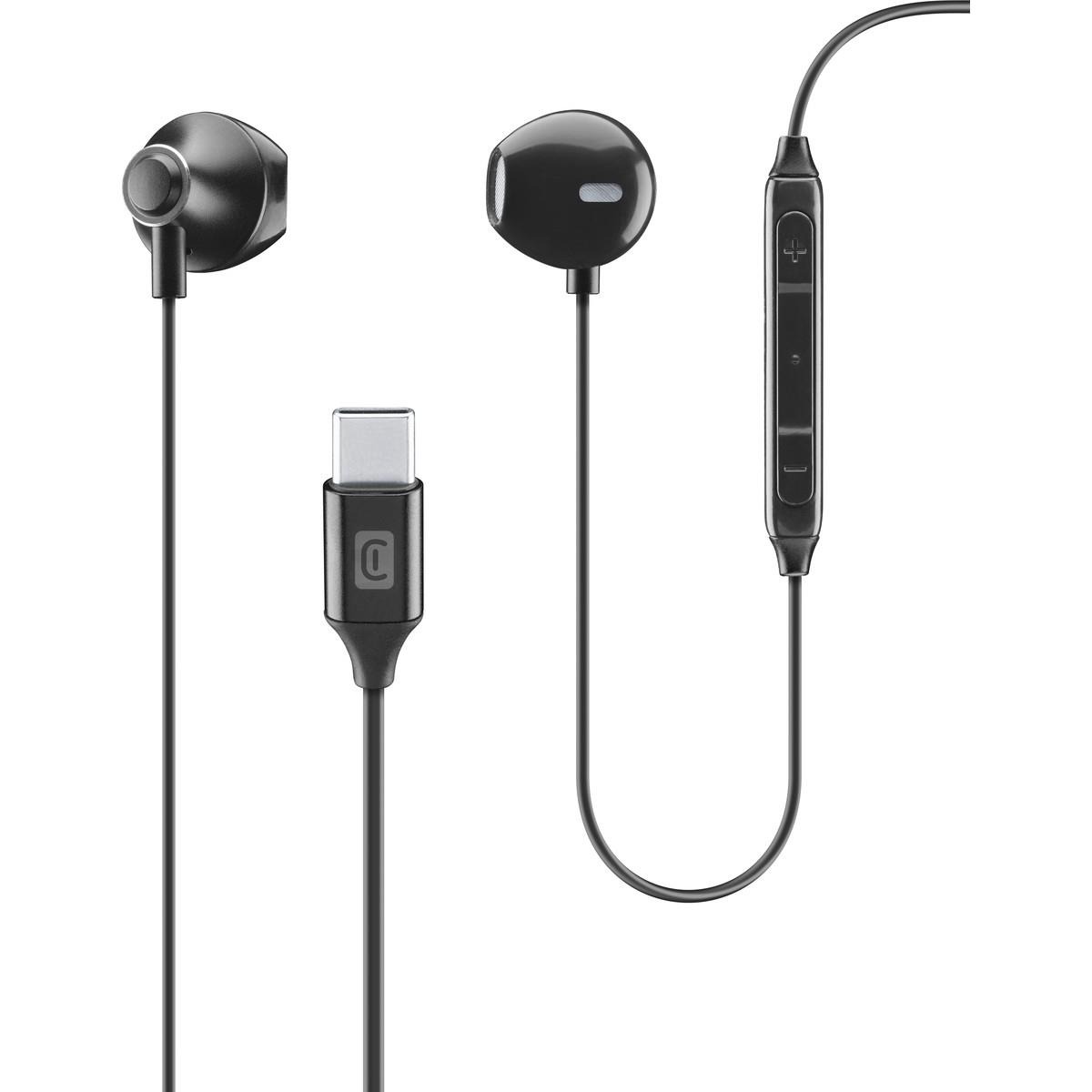 Schwarze In-Ear Kopfhörer mit USB-C Anschluss. Mit Lautstärkeregler und Mikrofon.