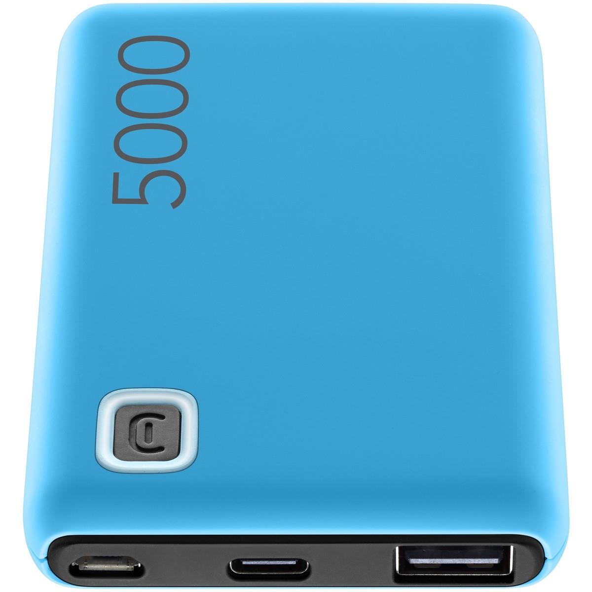 blauer Powerbank mit einer Kapazität von 5000 mAh. Zwei Anschlüsse für das Laden von Geräten.