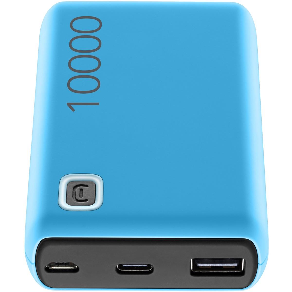 blauer Powerbank mit einer Kapazität von 10000 mAh. Zwei USB-Anschlüsse und ein USB-C-Anschluss.