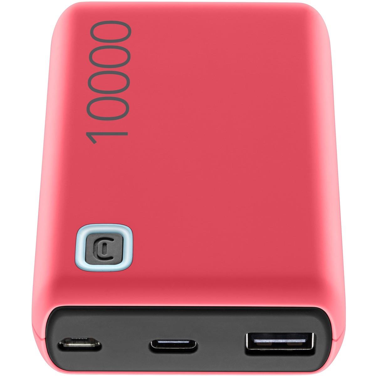 Rosa Powerbank mit der Kapazität von 10.000 mAh. Zwei Anschlüsse: USB-C und USB-A. Runde Taste auf der Seite.