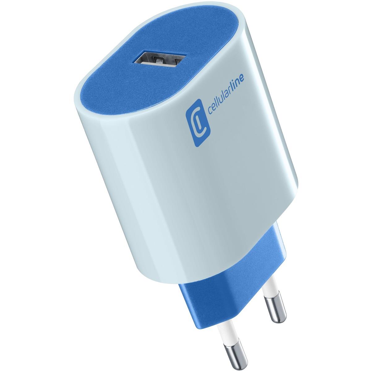 Weißer Ladeadapter mit blauer Oberseite. USB-Anschluss an der Vorderseite.