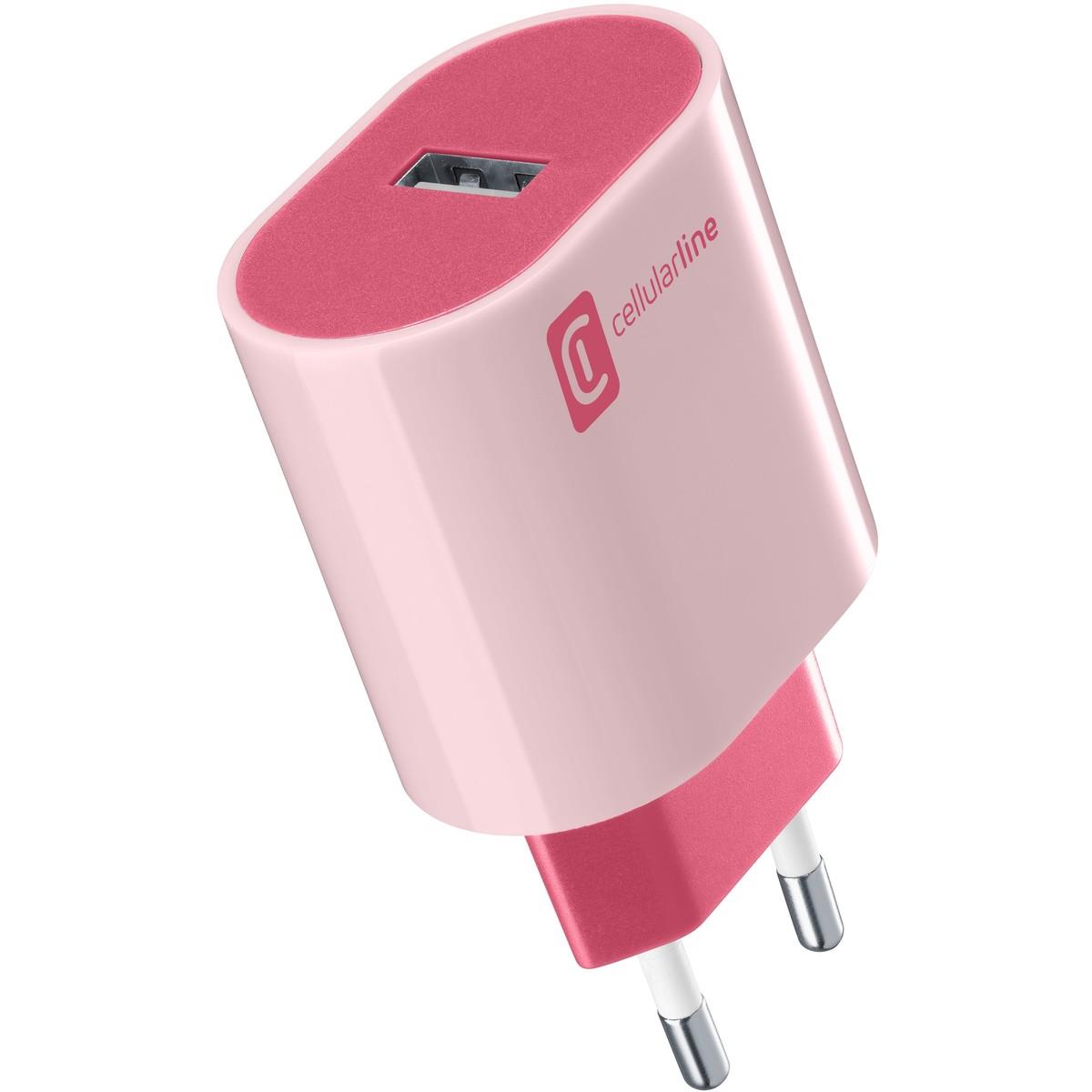 Ladegerät in rosa mit USB-Anschluss. Kompakte Form mit zwei Steckdosen.