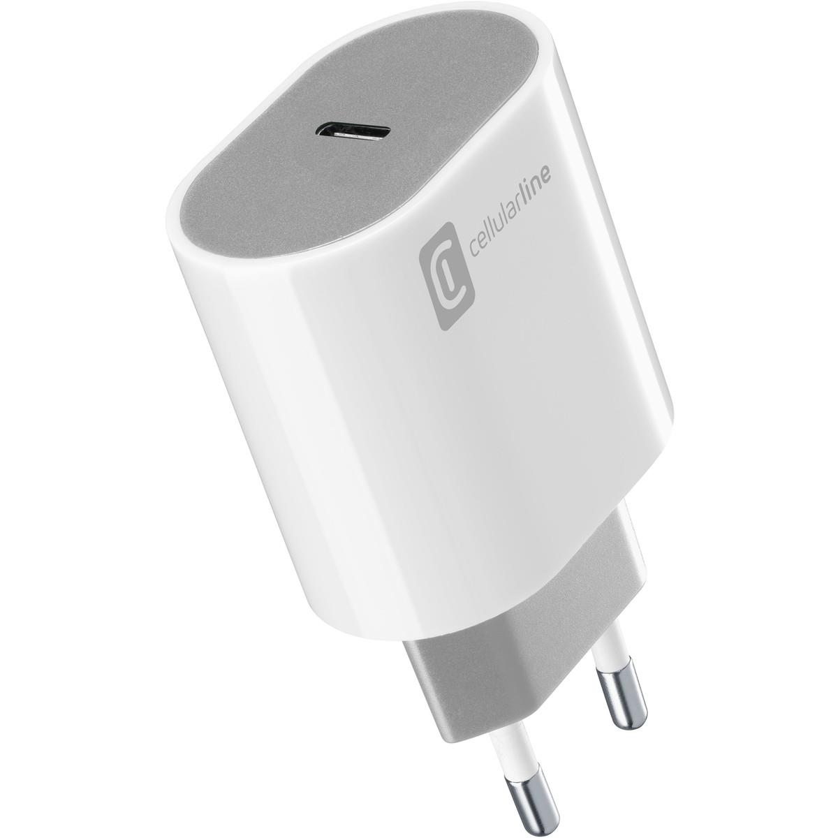 Weißes Ladegerät mit USB-C-Anschluss. Kompakte Form mit zwei Stiften.