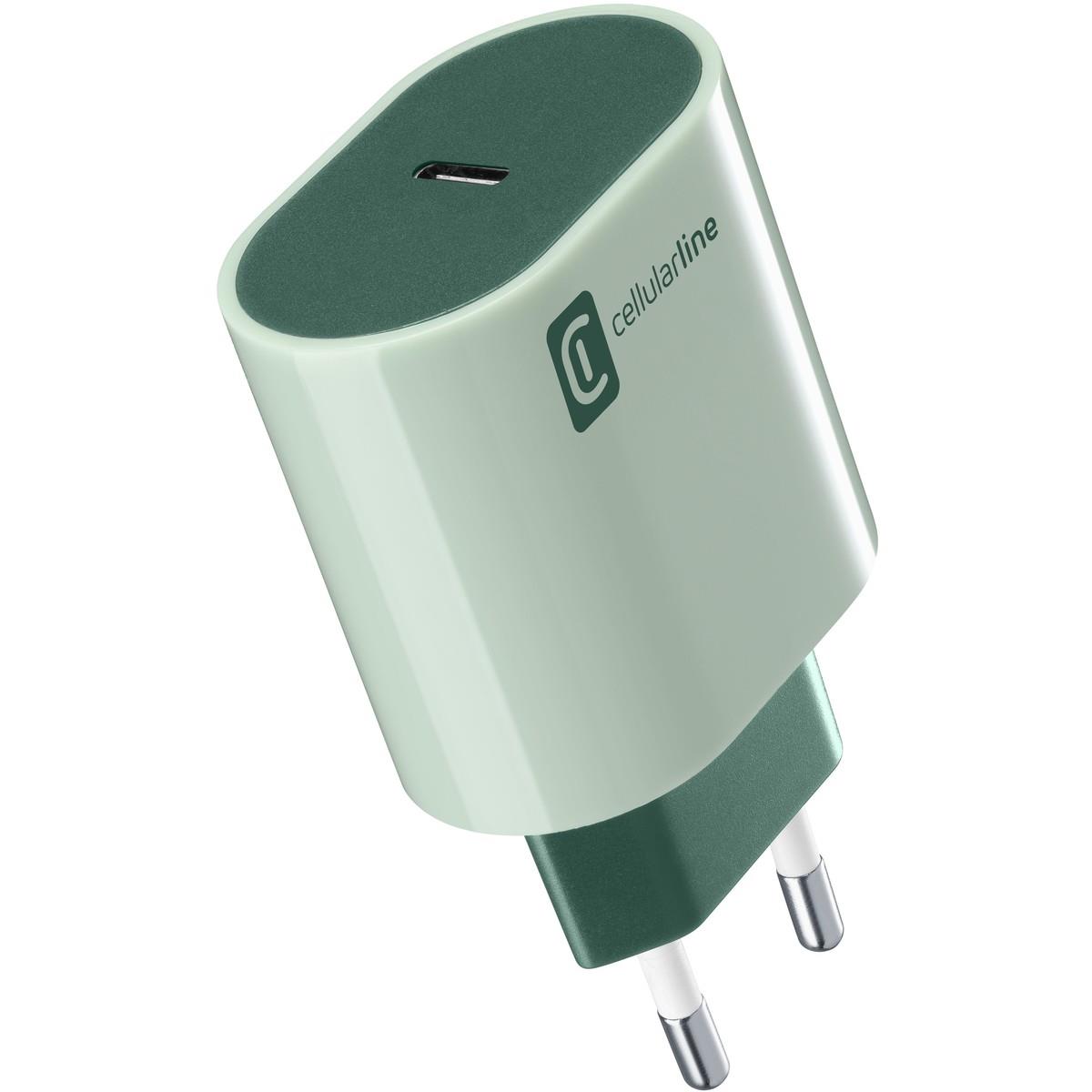 Grüner USB-Ladeadapter mit einem USB-C-Anschluss. Kompakte Form mit glatter Oberfläche.