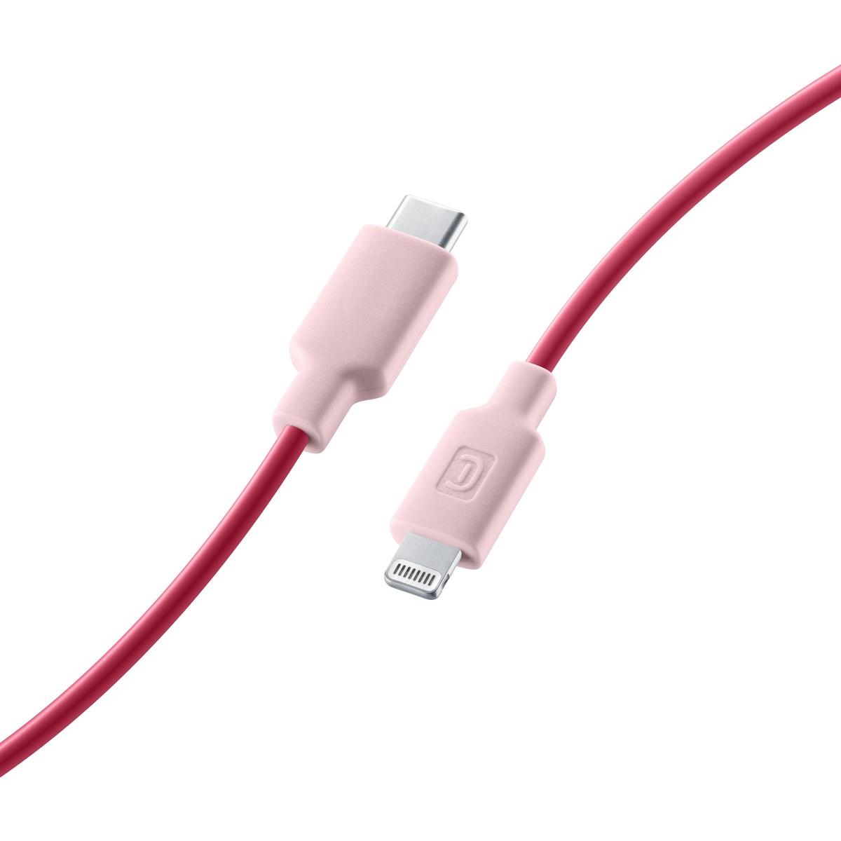 Rotes Kabel mit zwei Anschlüssen. Ein Ende ist USB-C, das andere Ende ist Lightning.