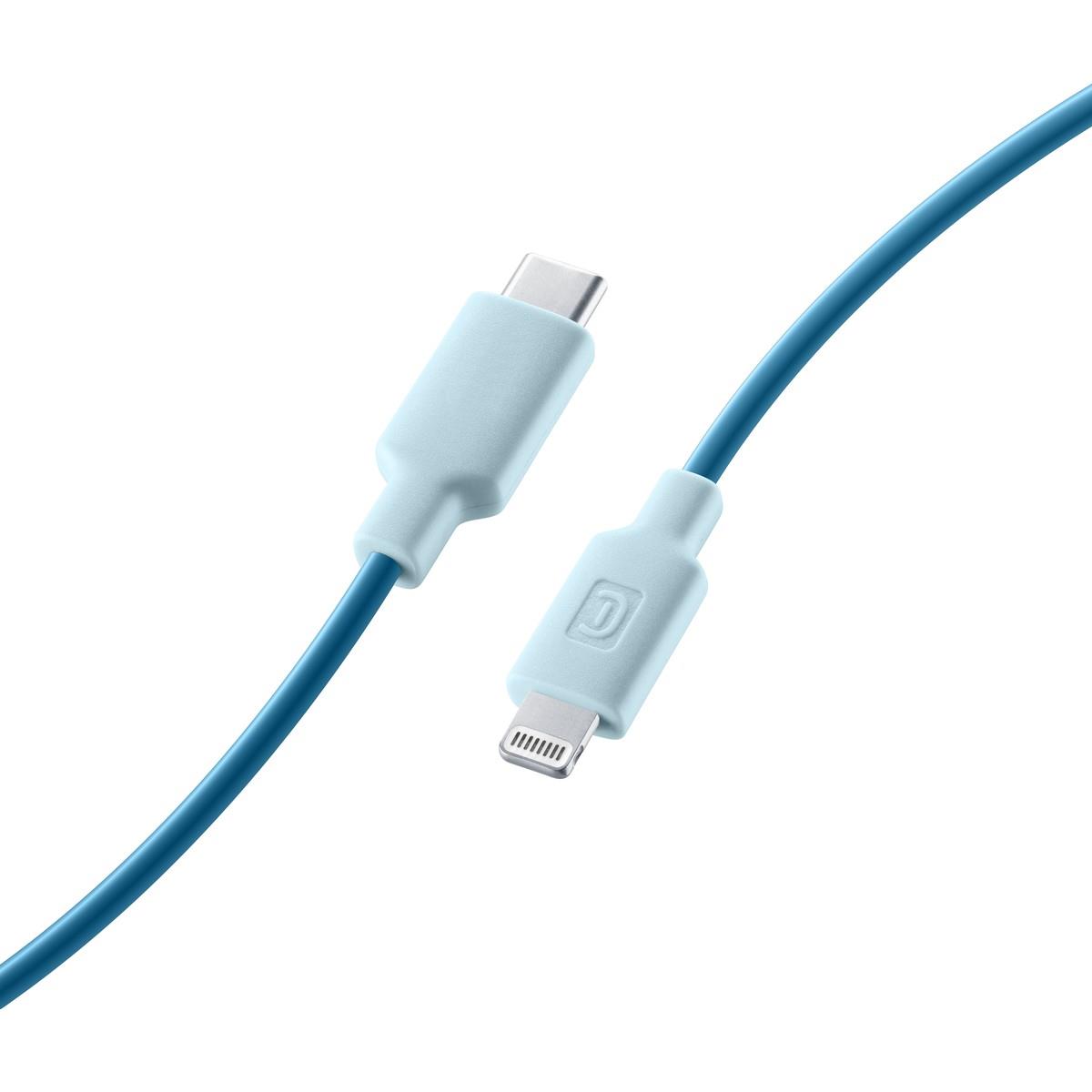 blauer Kabel mit USB-C und Lightning-Anschluss. Die Anschlüsse sind abgerundet und aus Kunststoff.