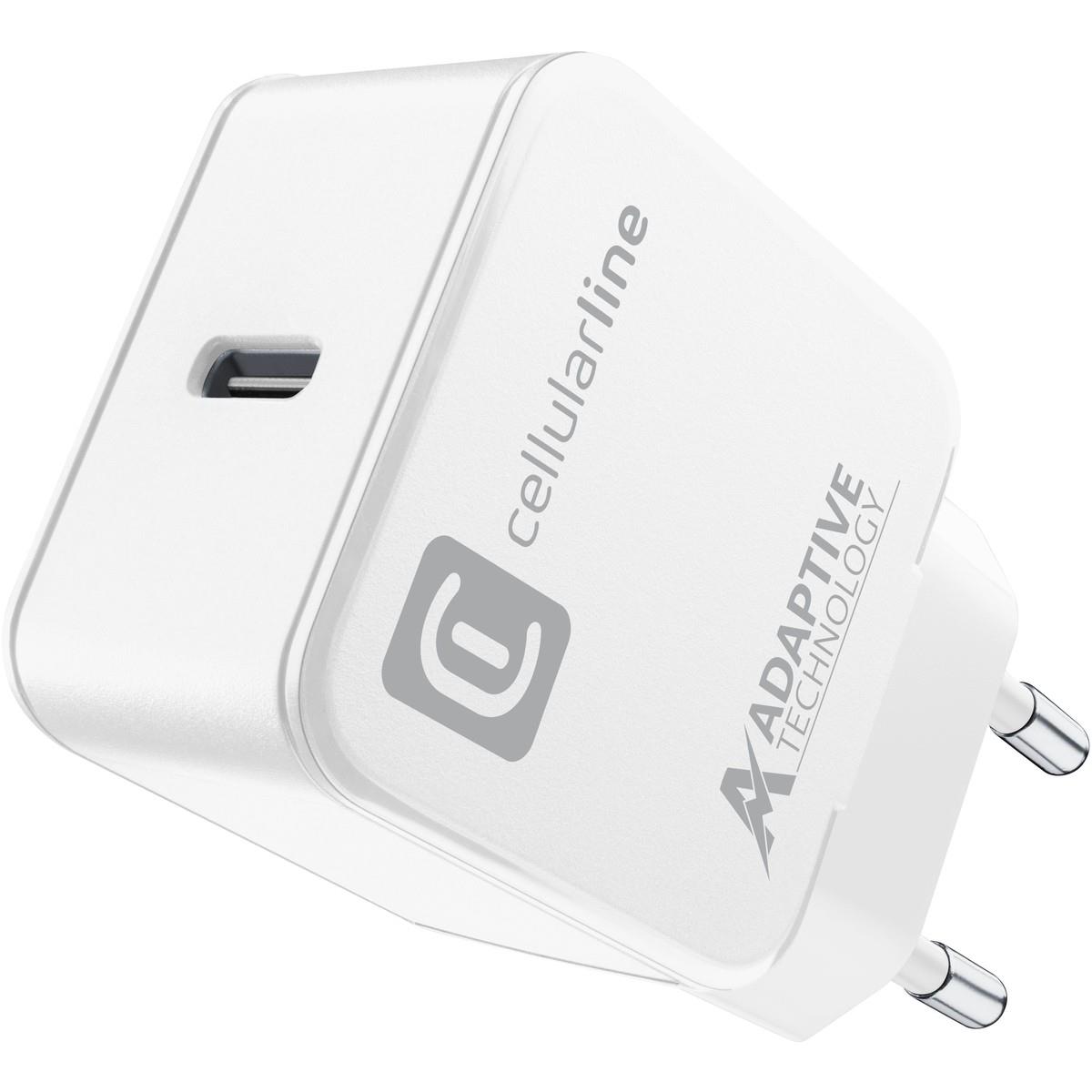 Weißes Ladegerät mit USB-C Anschluss. Kompakt und rechteckige Form.