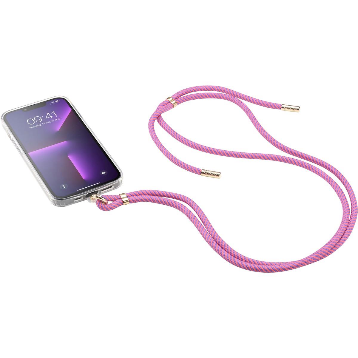 Smartphone mit durchsichtiger Hülle. Befestigt an pinkem, geflochtenem Lanyard. Lanyard hat goldene Akzente.