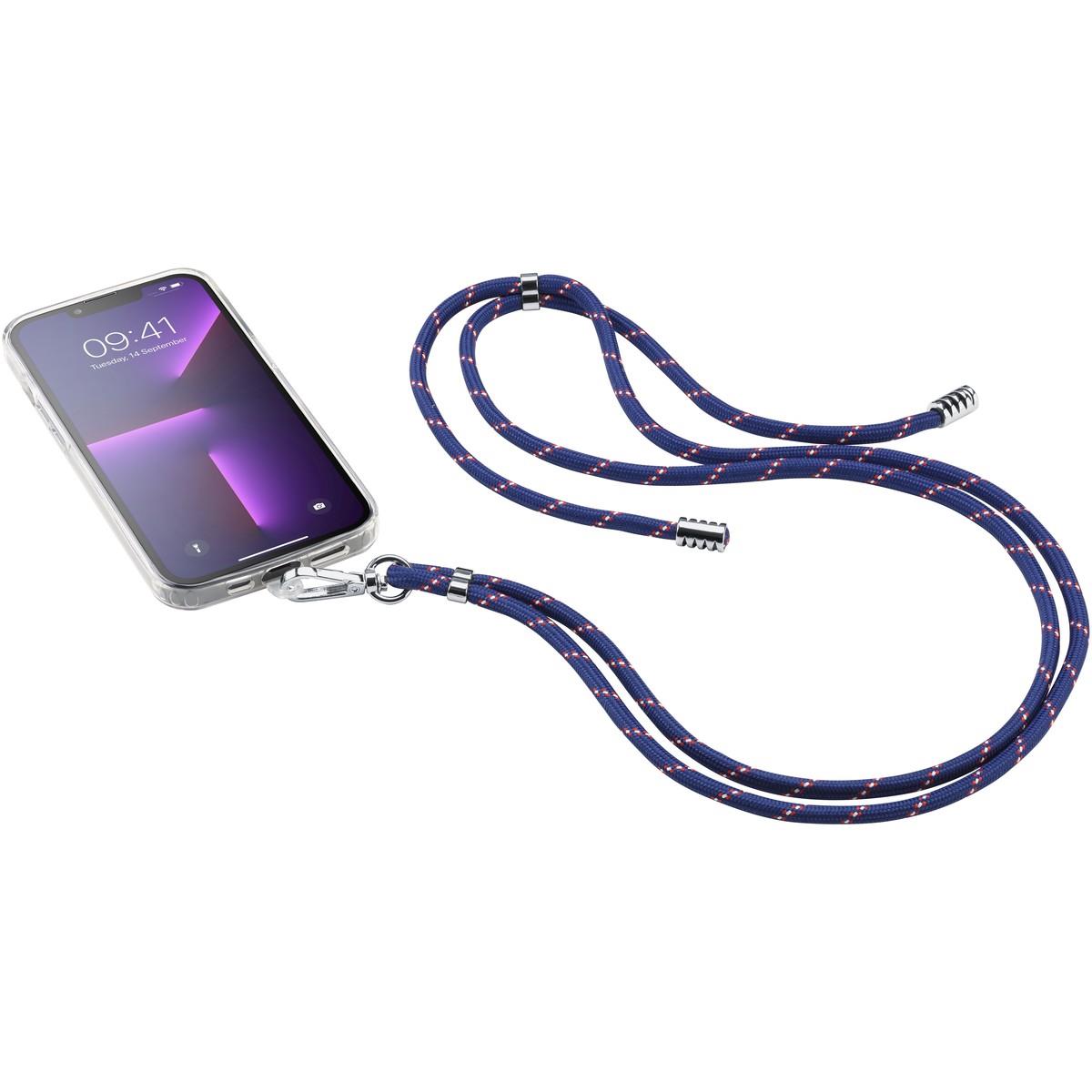 Smartphone mit transparentem Case. Befestigt an einem blauen, geflochtenen Lanyard. Lanyard hat orangefarbene Akzente.