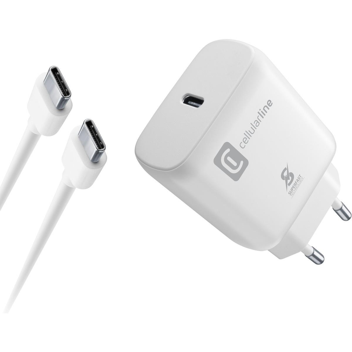 weißer USB-C Ladeadapter mit zwei USB-C Kabeln. Adapter hat eine glatte Oberfläche und zwei Steckkontakte.