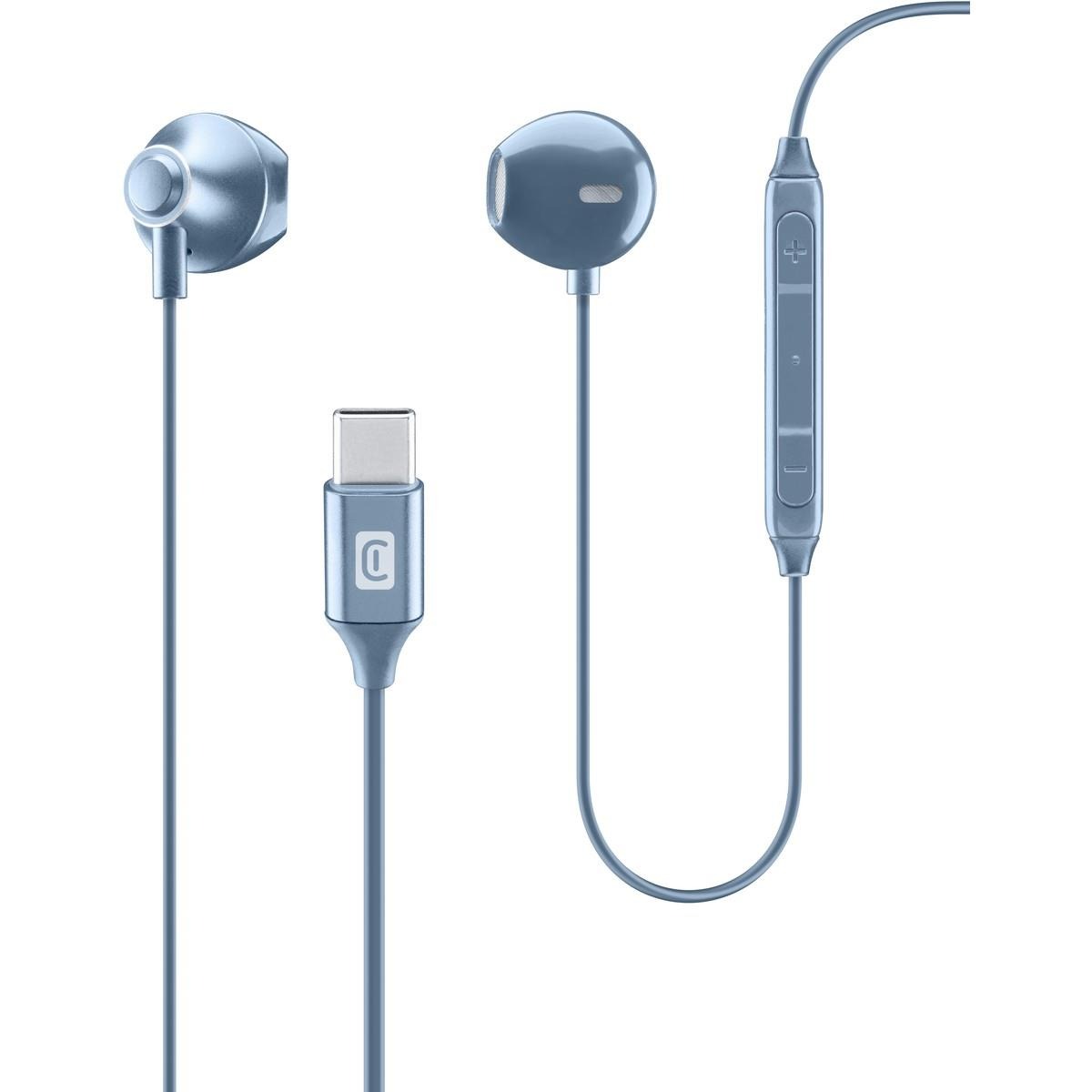 Blaue Ohrhörer mit USB-C Anschluss. Mit Steuerungstasten am Kabel.
