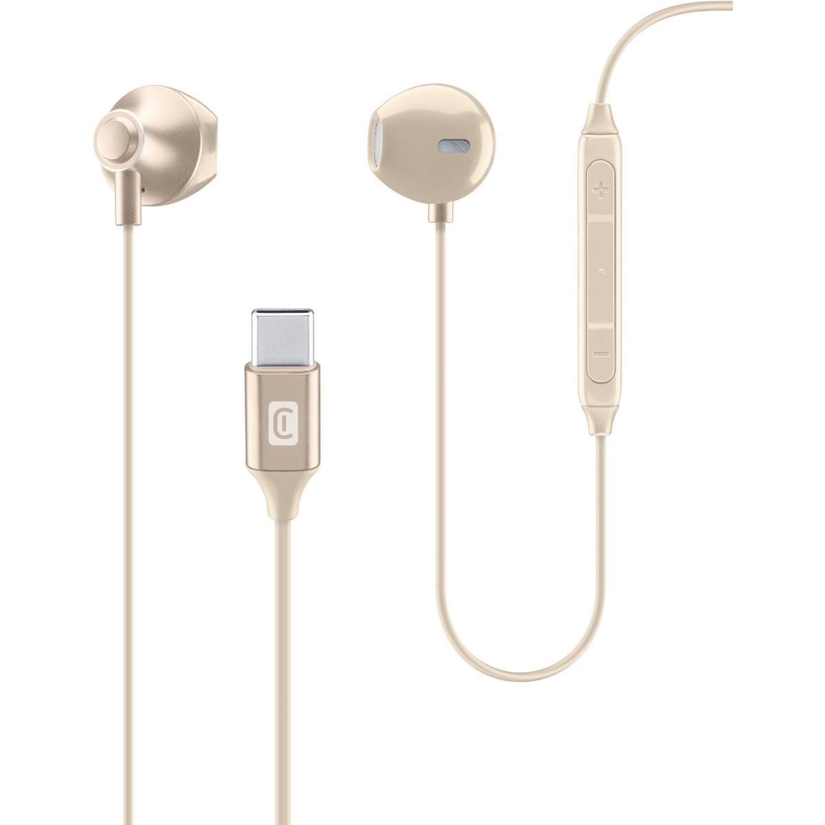 Kopfhörer in Beige. In-ear Design mit zwei Ohrstöpseln. USB-C Anschluss. Lautstärkeregler und Mikrofon am Kabel.