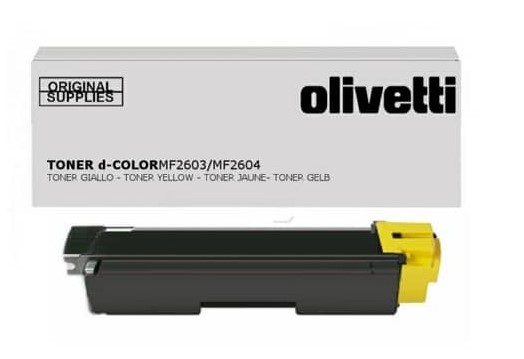 Tonerpatrone in schwarz mit gelbem Deckel. Verpackung von Olivetti für Drucker.