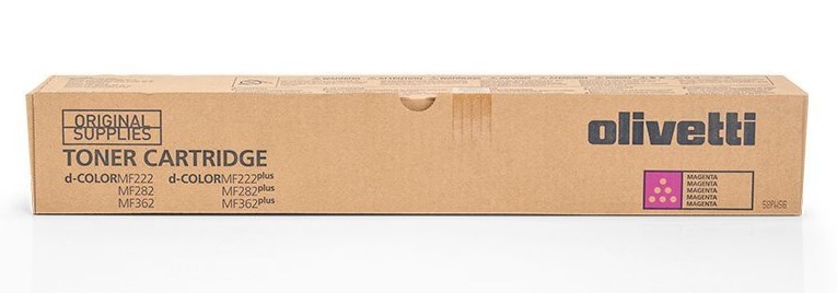 Tonerpatrone in einem braunen Karton. Aufdruck mit Produktinformationen und Magenta-Farbe.