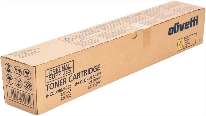 Kartonverpackung für einen Tonerpatrone. Beschriftung mit Produktinformationen und Markenname Olivetti.
