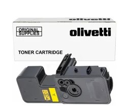 Schwarze Tonerkartusche für Drucker. Verpackt in einer weißen Box mit dem Aufdruck Olivetti.