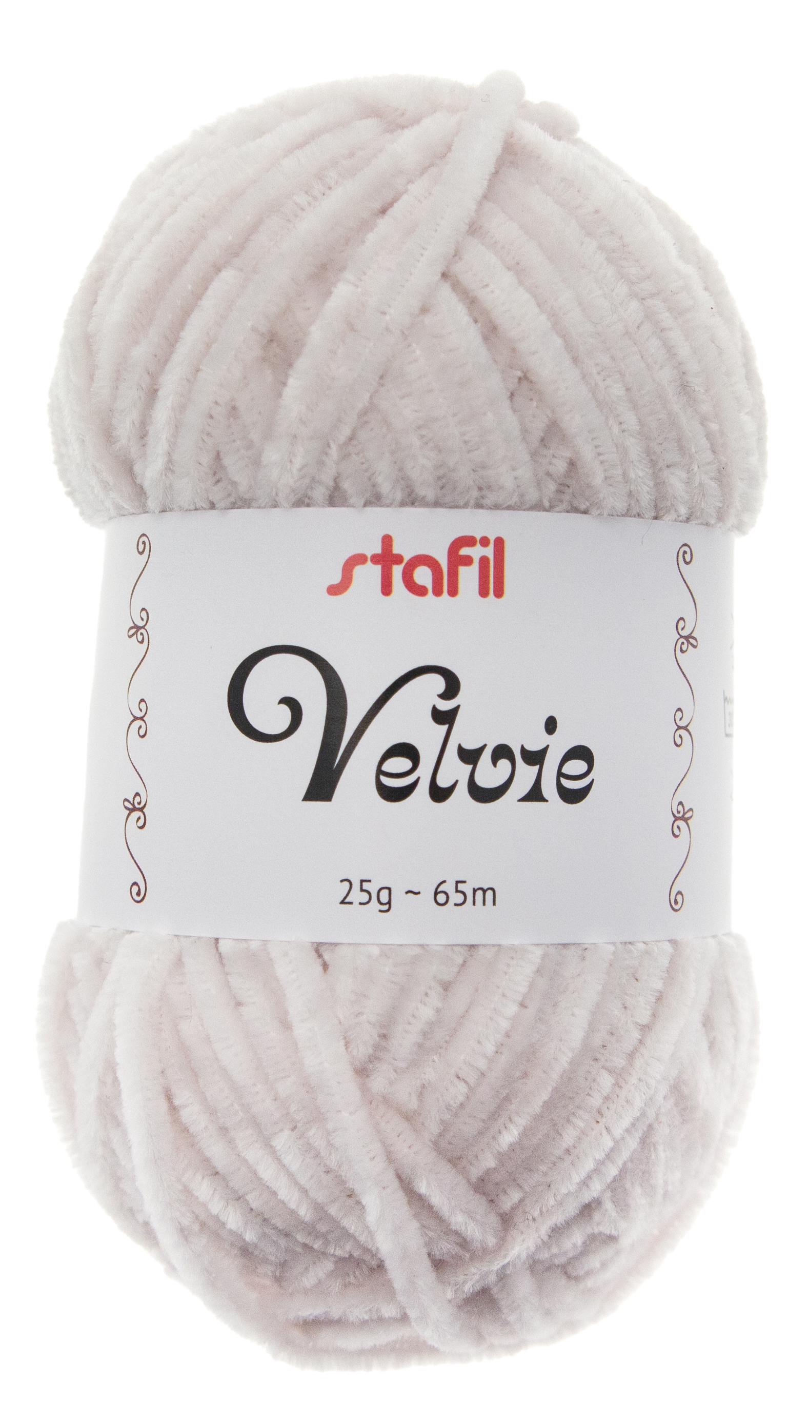 Helle, flauschige Wolle in einem runden Knäuel. Auf dem Etikett steht 'stafil Velvie', 25g und 65m.