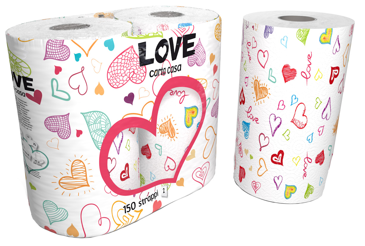 Küchenpapierrolle mit bunten Herzmotiven. Verpackung zeigt den Schriftzug 'LOVE'.