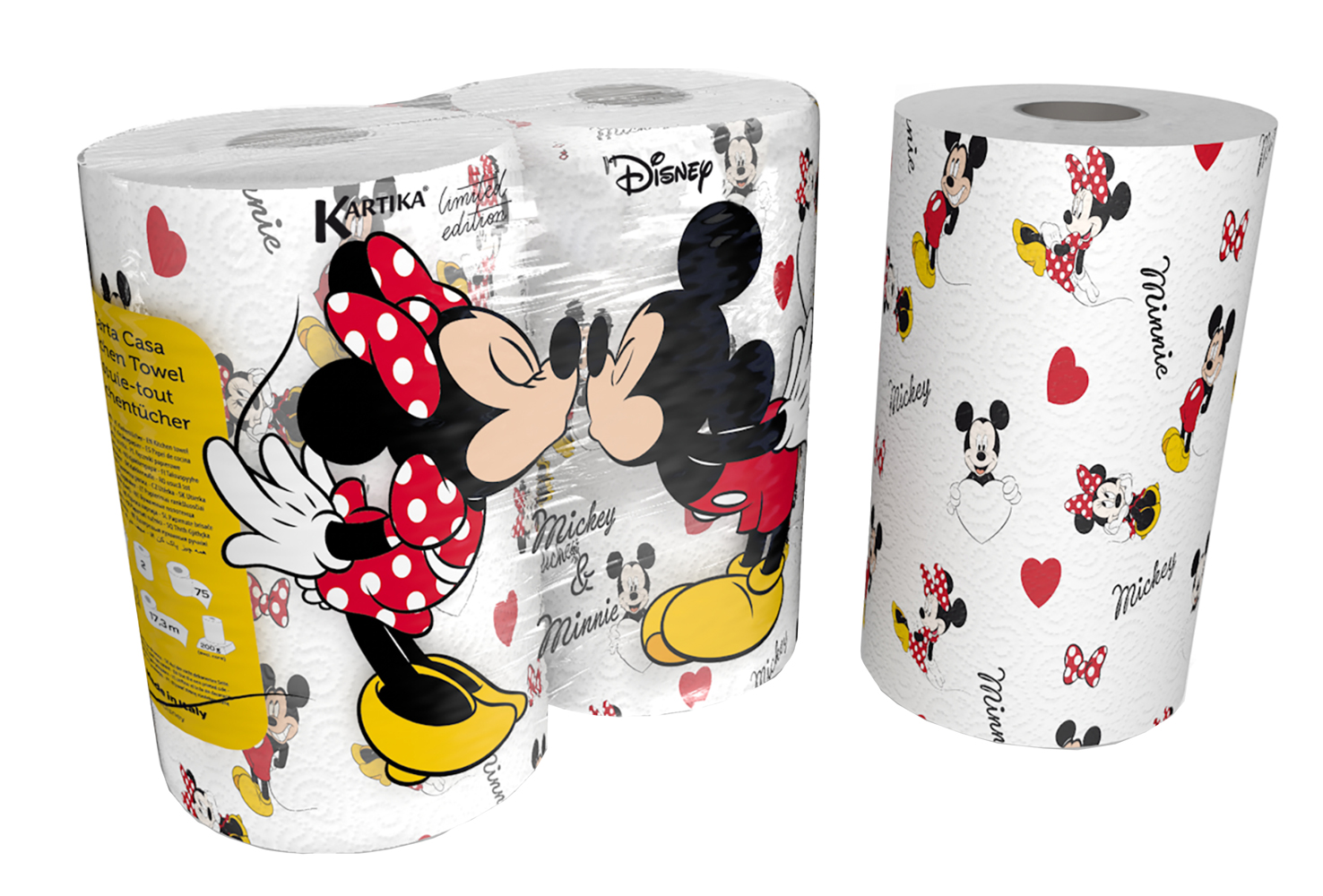 Küchenpapierrollen mit Mickey und Minnie Mouse Motiven. Bunte Designs mit Herzen und Figuren.