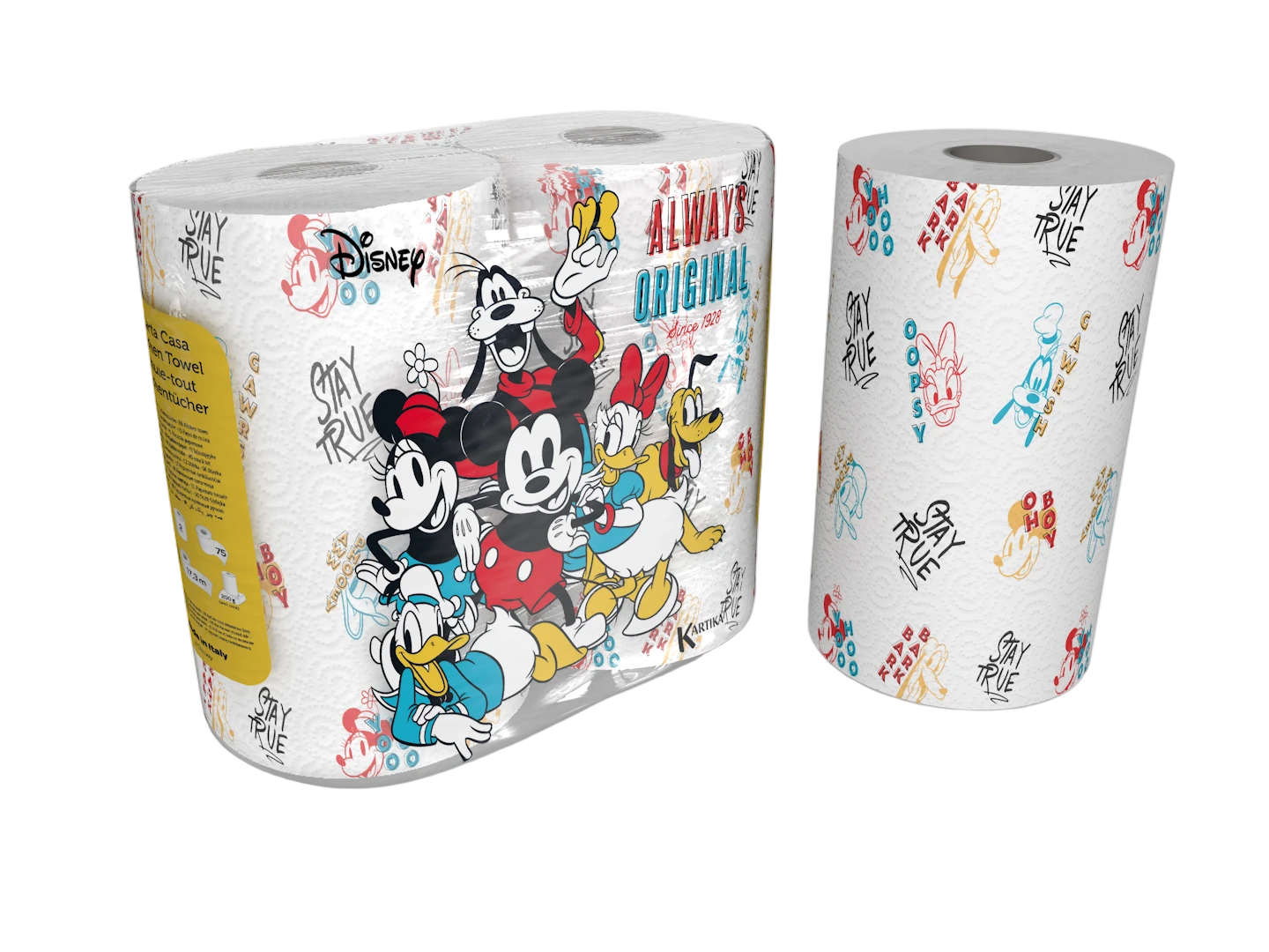 Küchenpapier mit Disney-Motiven. Enthält Mickey Mouse und andere Charaktere.
