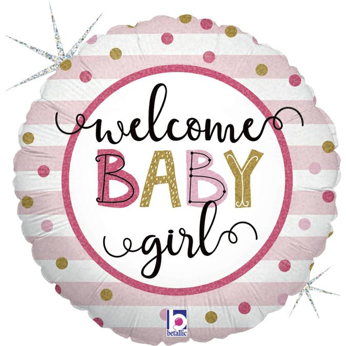 Runde Folienballon mit dem Aufdruck 'welcome baby girl'. Rosa und goldene Farben mit Streifen und Punkten.