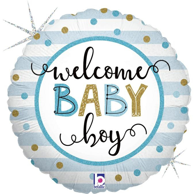 Runde Folienballon mit dem Schriftzug 'welcome BABY boy'. Blau-weiße Streifen und goldene Punkte.