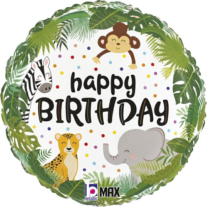Runde Geburtstagstorte mit buntem Tiermotiv. Aufschrift 'happy BIRTHDAY' in großen Buchstaben.