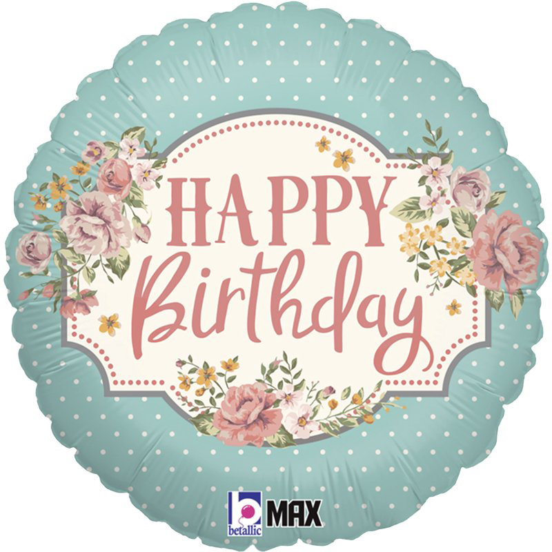 Runde Luftballon mit dem Text 'Happy Birthday'. Dekoriert mit Blumen und einem mintgrünen Hintergrund.