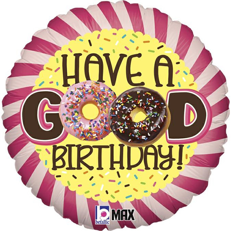 Runde Geburtstagsballon mit bunten Donuts. Aufschrift: 'Have a Good Birthday!'