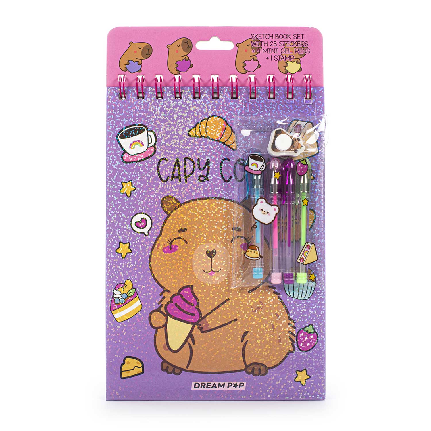 Sketchbuch Dreampop Capybara mit Gelstiften, Stickern und Stempel