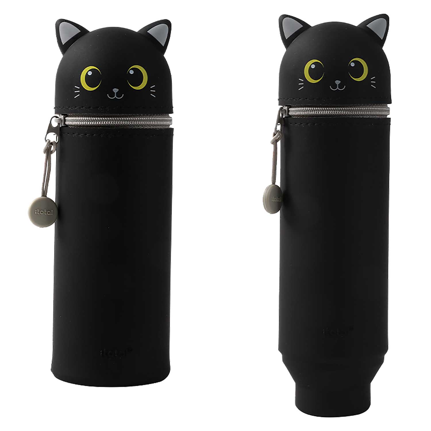 Schwarzer Stiftetui in Katzenform mit großen, gelben Augen. Der obere Teil hat Katzenohren und einen Reißverschluss.