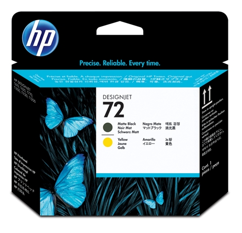 Schwarze Verpackung für HP Designjet Tinte. Auf der Vorderseite sind blaue Schmetterlinge. Angaben zu Farbe: Matte Black und Yellow. Hinweis auf Original HP Tinte.