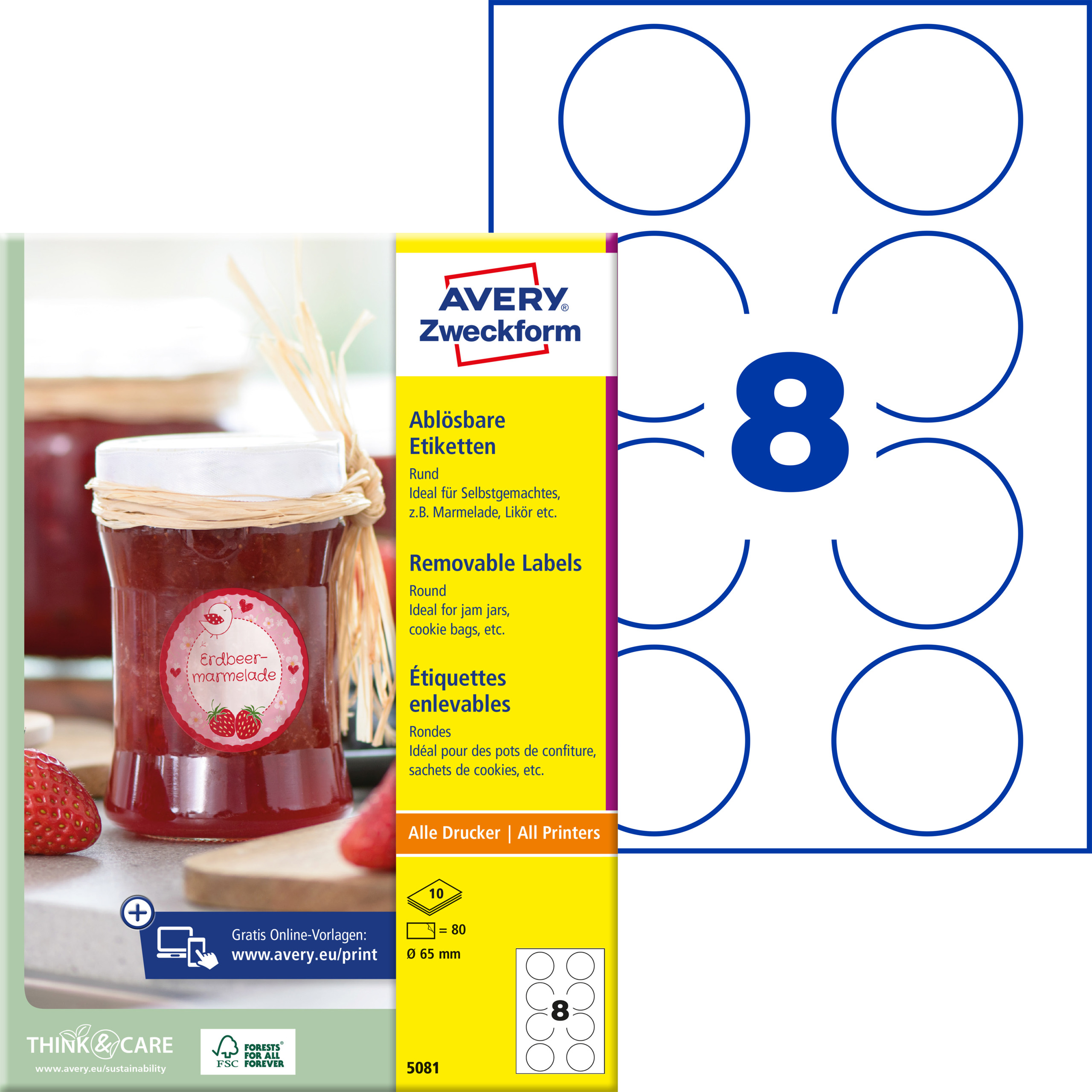 AVERY Zweckform 5081 Runde Etiketten ablösbar A4 ⌀ 65 mm 80 Etiketten/10 Bögen, weiß