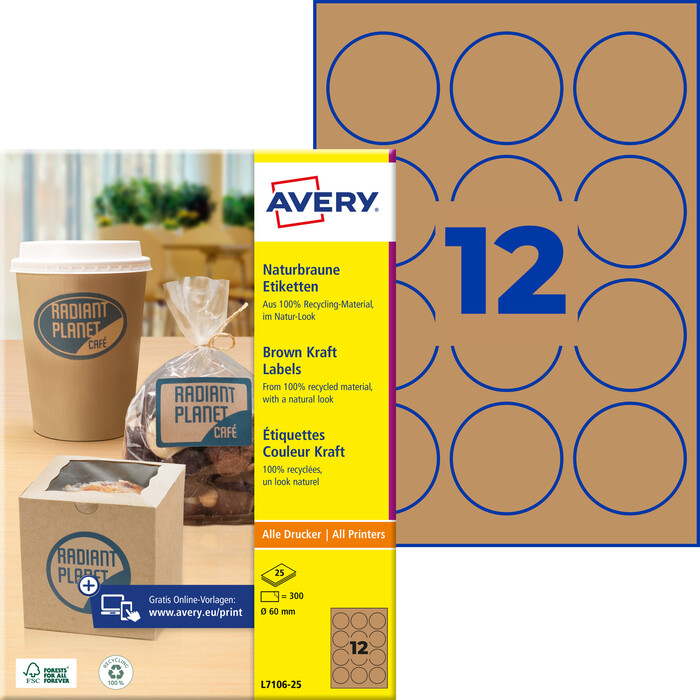 AVERY Zweckform L7106-25 Naturbraune Etiketten A4 ⌀ 60 mm 300 Etiketten/25 Bögen naturbraun