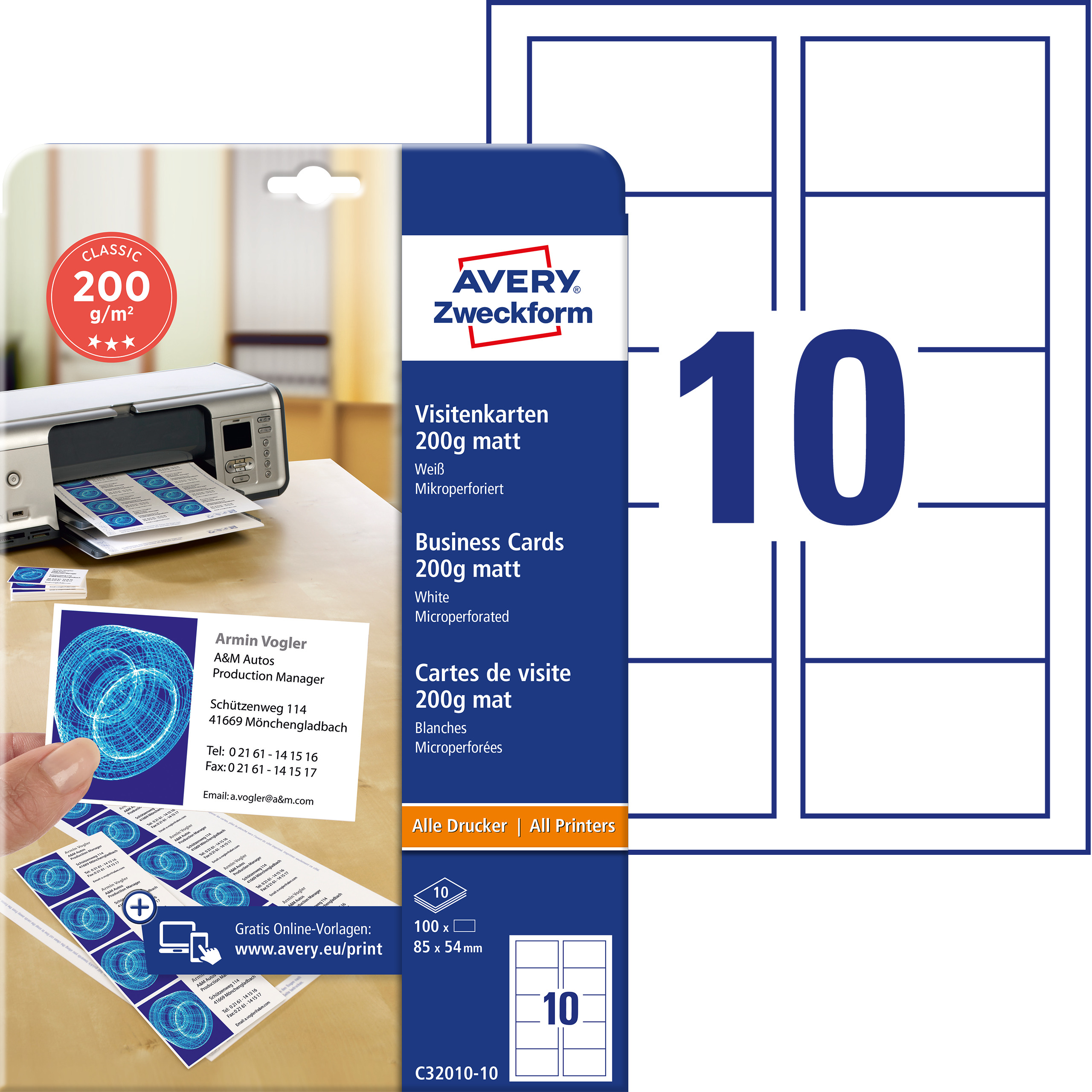 AVERY Zweckform C32010-10 Classic Visitenkarten 85 x 54 mm beidseitig beschichtet 100 Karten/10 Böge