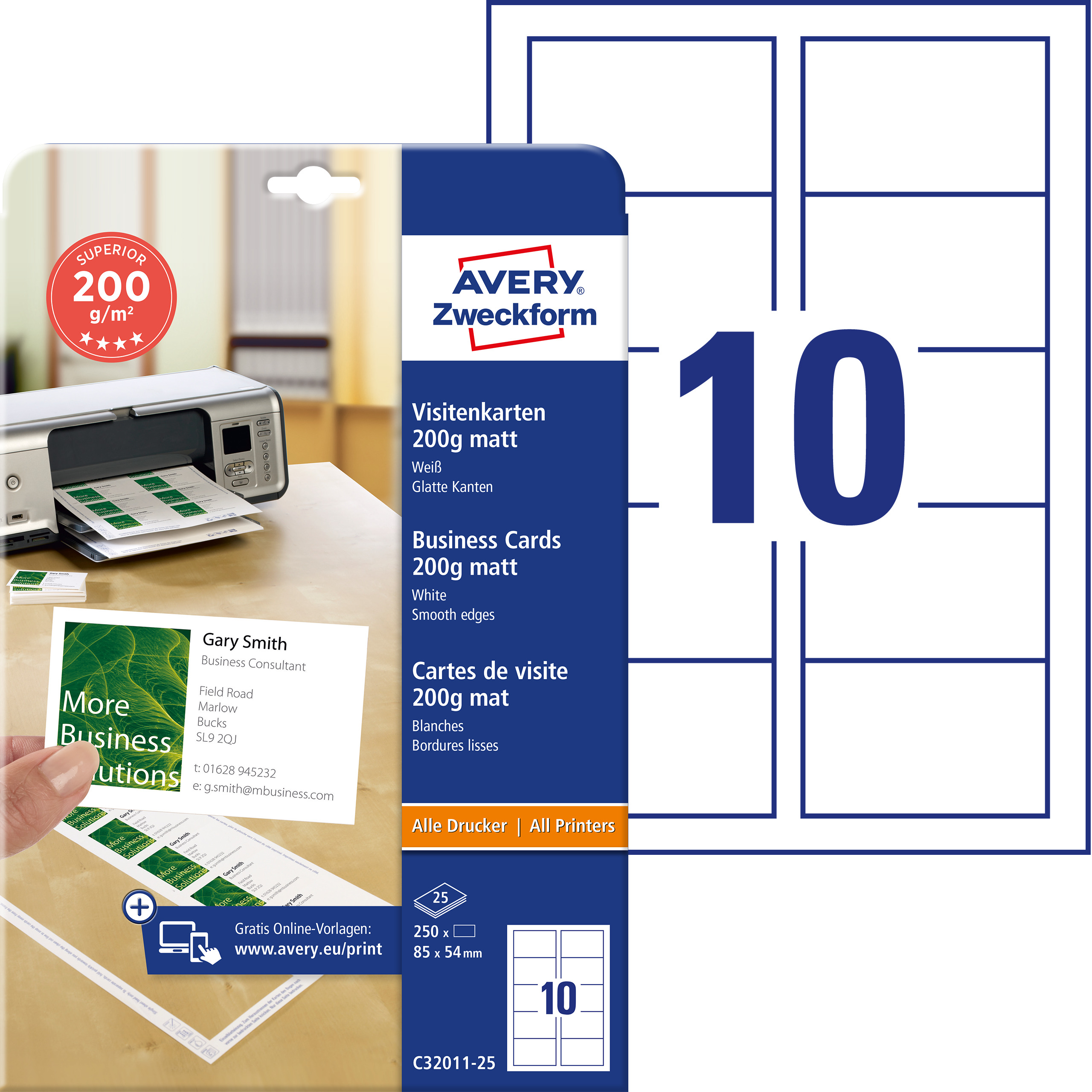 AVERY Zweckform C32011-25 Superior Visitenkarten 85 x 54 mm einseitig beschichtet 250 Karten/25 Bög