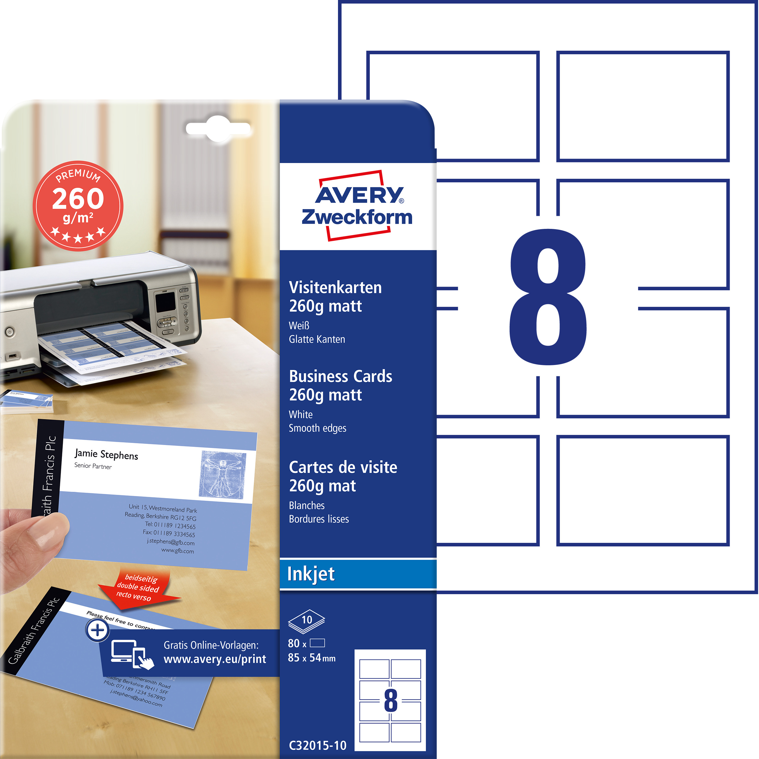 AVERY Zweckform C32015-10 Premium Visitenkarten 85 x 54 mm beidseitig beschichtet 80 Karten/10 Böge