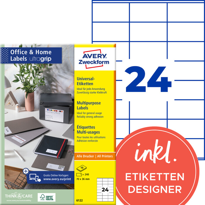 AVERY Zweckform 6122 Etiketten Home Office Kleinpackung A4 ultragrip 70 x 36 mm 240 Etiketten/10 Bögen weiß