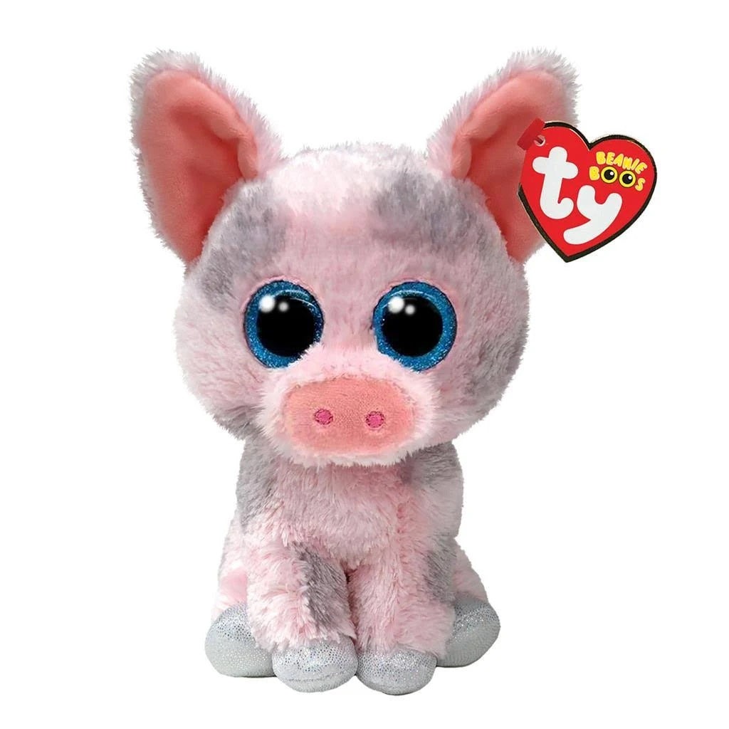 Plüschfigur eines kleinen Schweins mit großen blauen Augen. Der Körper ist rosa mit grauen Flecken.