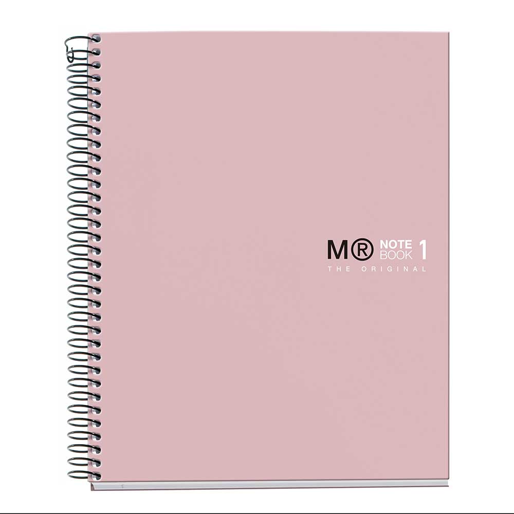 Rosa Spiralnotizbuch mit schwarzem Aufdruck. Auf dem Cover steht 'MR NOTEBOOK 1 THE ORIGINAL'.
